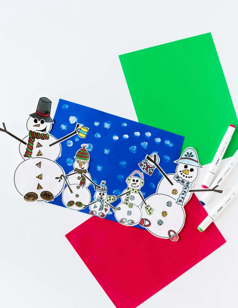 Build a snowman. and snow family winter craft for kids.