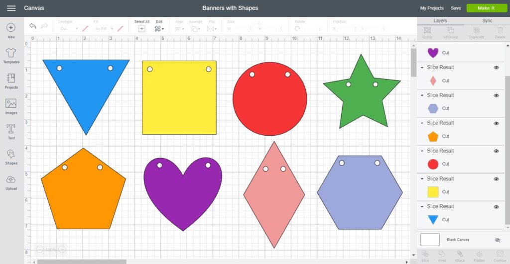 Screenshot Cricut Design Space: Using different shapes to create banners (triangle, square, circle, star, pentagon, heart, diamond, hexagon.