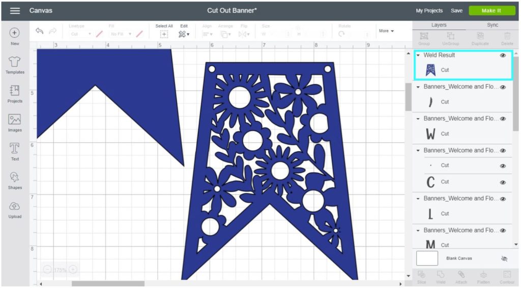 Screenshot Cricut Design Space: weld result; everything needs to be overlapped.