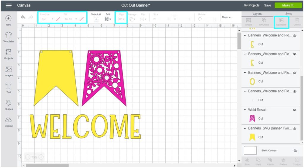 Screenshot Cricut Design Space: Change banner colors and resize it
