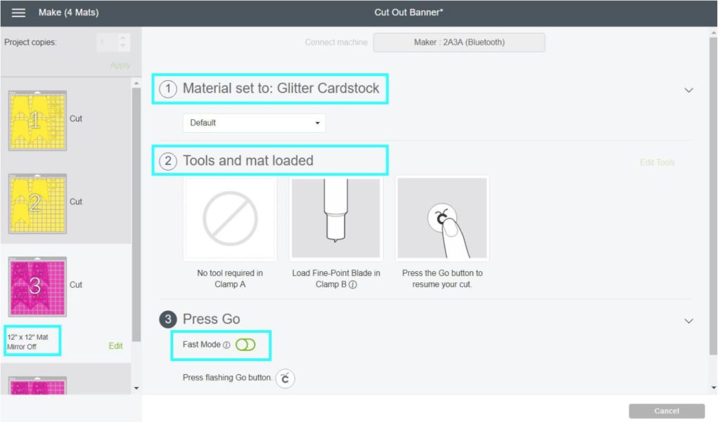 Screenshot Cricut Design Space: Setting Materials, install tools and load mat.