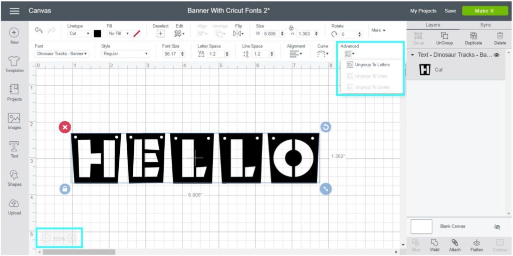 Screenshot Cricut Design Space:  Separate font in lines to edit each banner "letter".