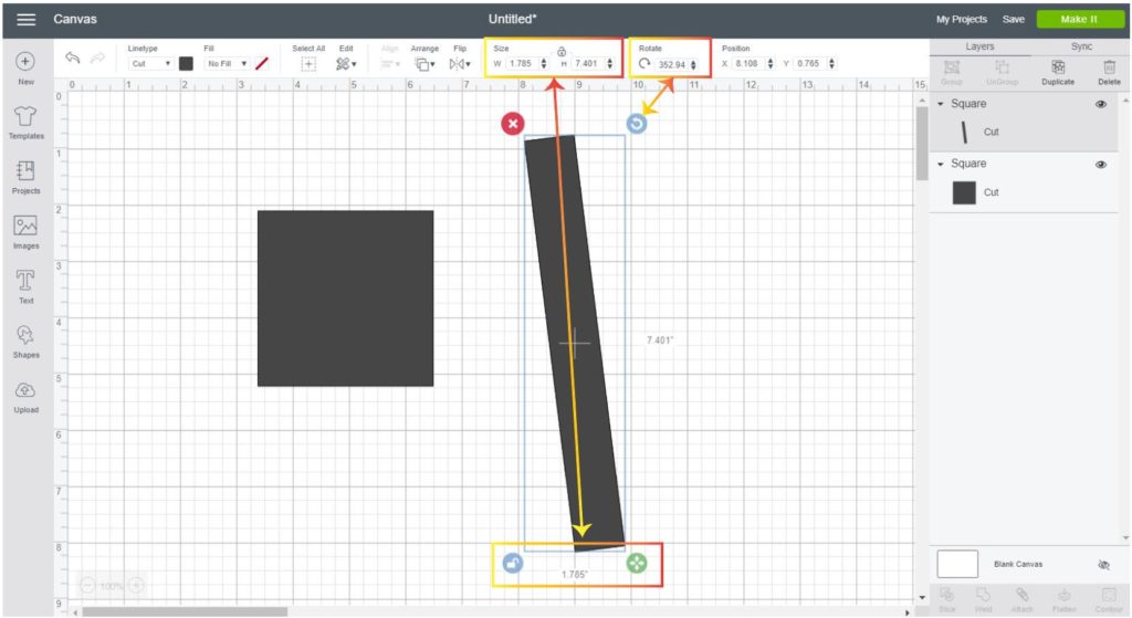 Screenshot Cricut Design Space:  Of the option Cricut has to rotate, resize and unlock proportions.