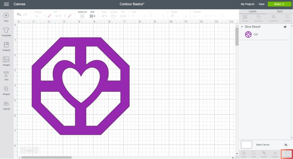 Screenshot of an image and where the contour tool is located in Cricut Design Space