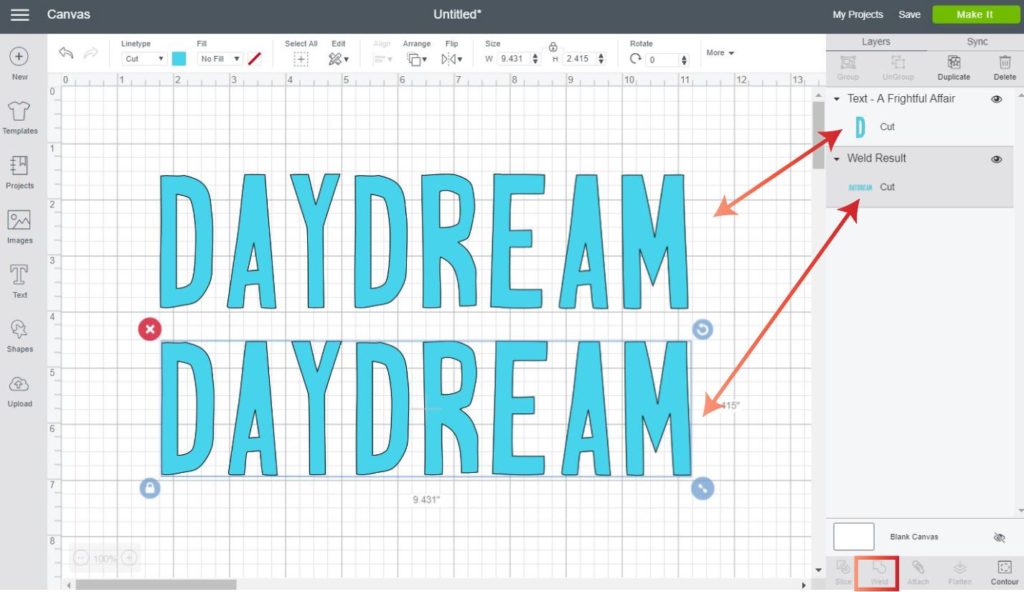 Graphic that shows how to weld text so you can contour an image