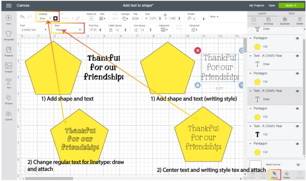 Screenshot Cricut Design Space: Step by step on how to draw on a shape with handwritten and outlined fonts