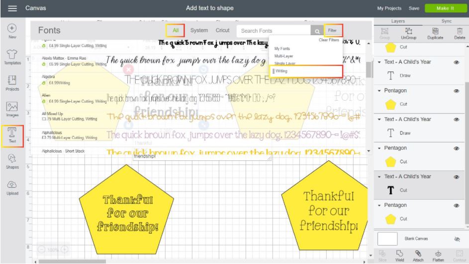 Screenshot Cricut Design Space: how to select a writing font to draw on a shape