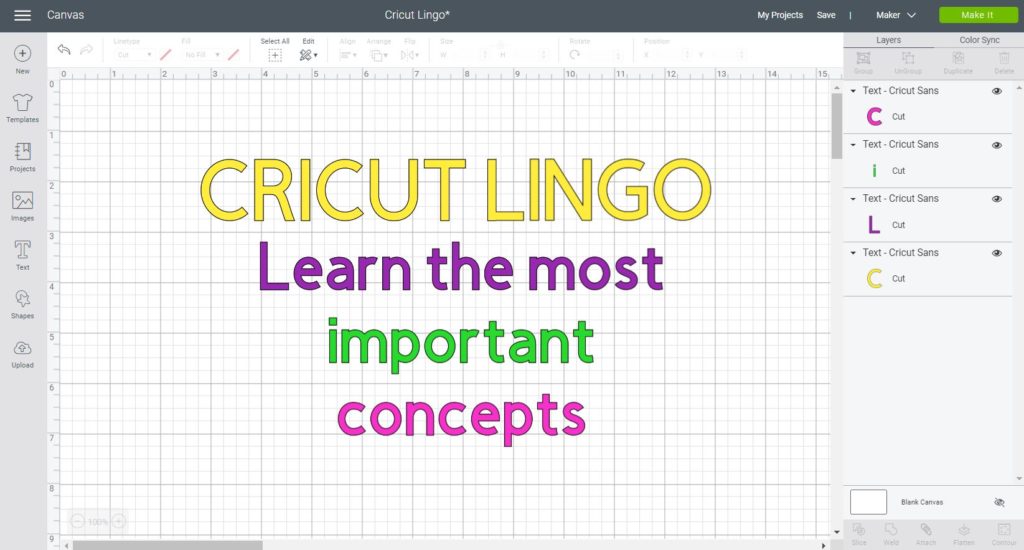 Cricut Lingo text written in Cricut Design Space