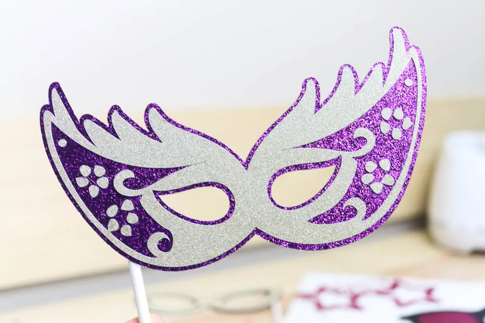 mask photo prop made with glitter cardstock and cricut