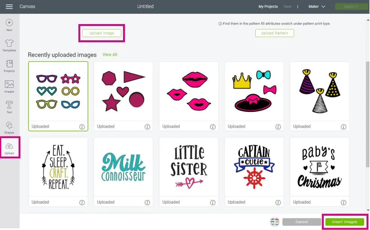 Uploading photo booth prop SVG files to Cricut Design Space.