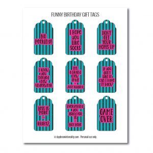 Funny birthday gift tags free printables teal and pink