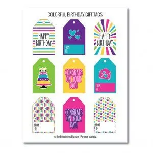 Bright birthday gift tags free printables
