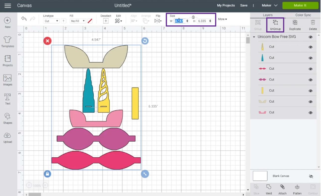 resizing hair bow in Cricut Design Space