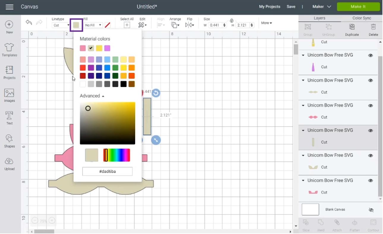 change hair bow colors in Cricut Design Space