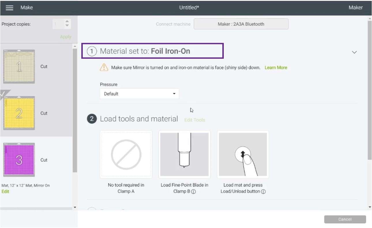 selecting foil iron-on in Cricut Design Space