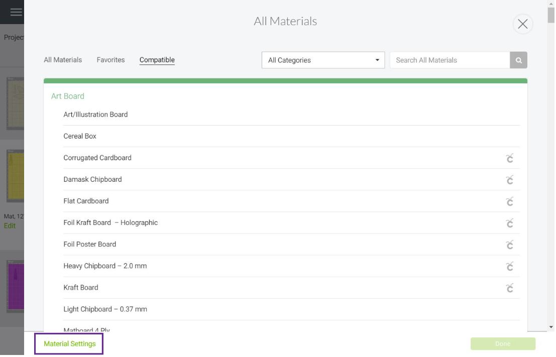 Material settings in Cricut Design Space