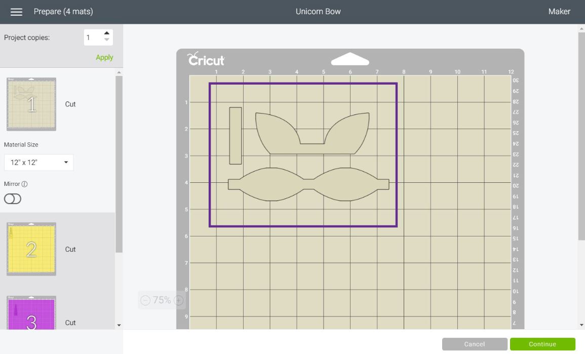 arranging material on mat in Cricut Design Space