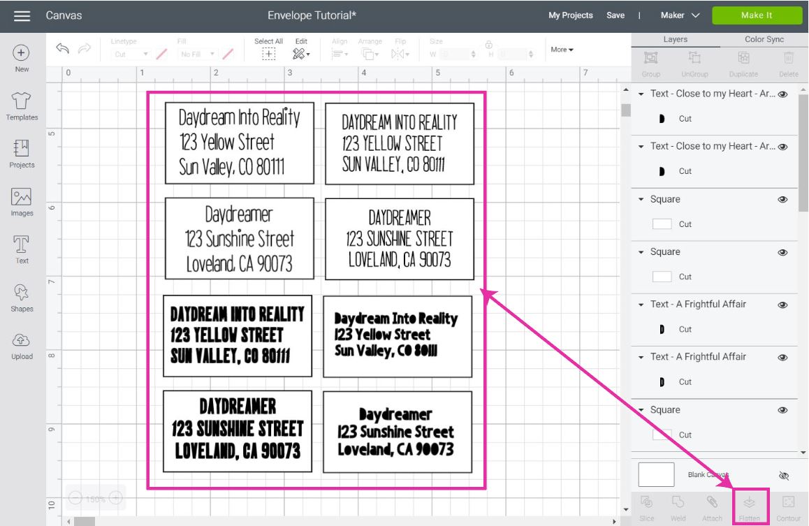 creating multiple labels with different fonts for addressing envelopes in Cricut Design Space