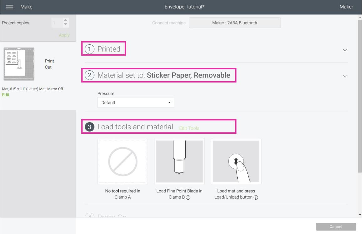 selecting envelope material for print then cut labels in Cricut Design Space