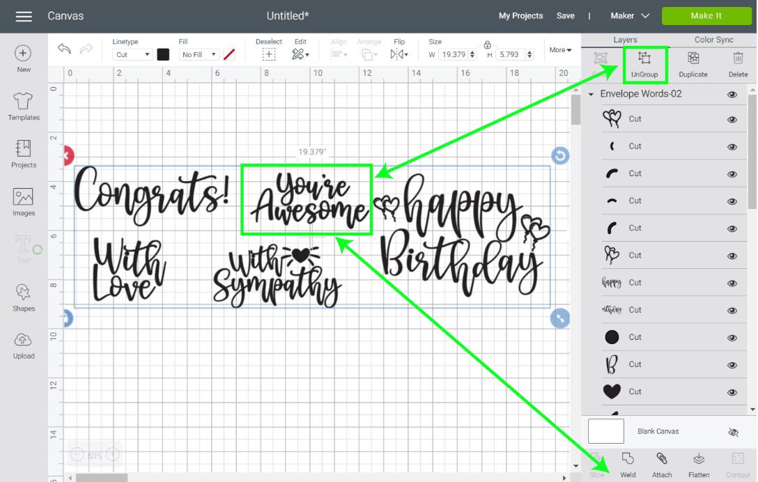 welding and organizing expressions in Cricut Design Space