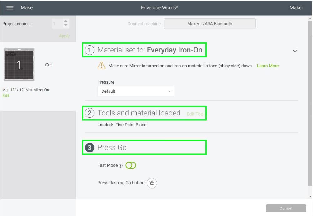 selecting iron-on in Cricut Design Space