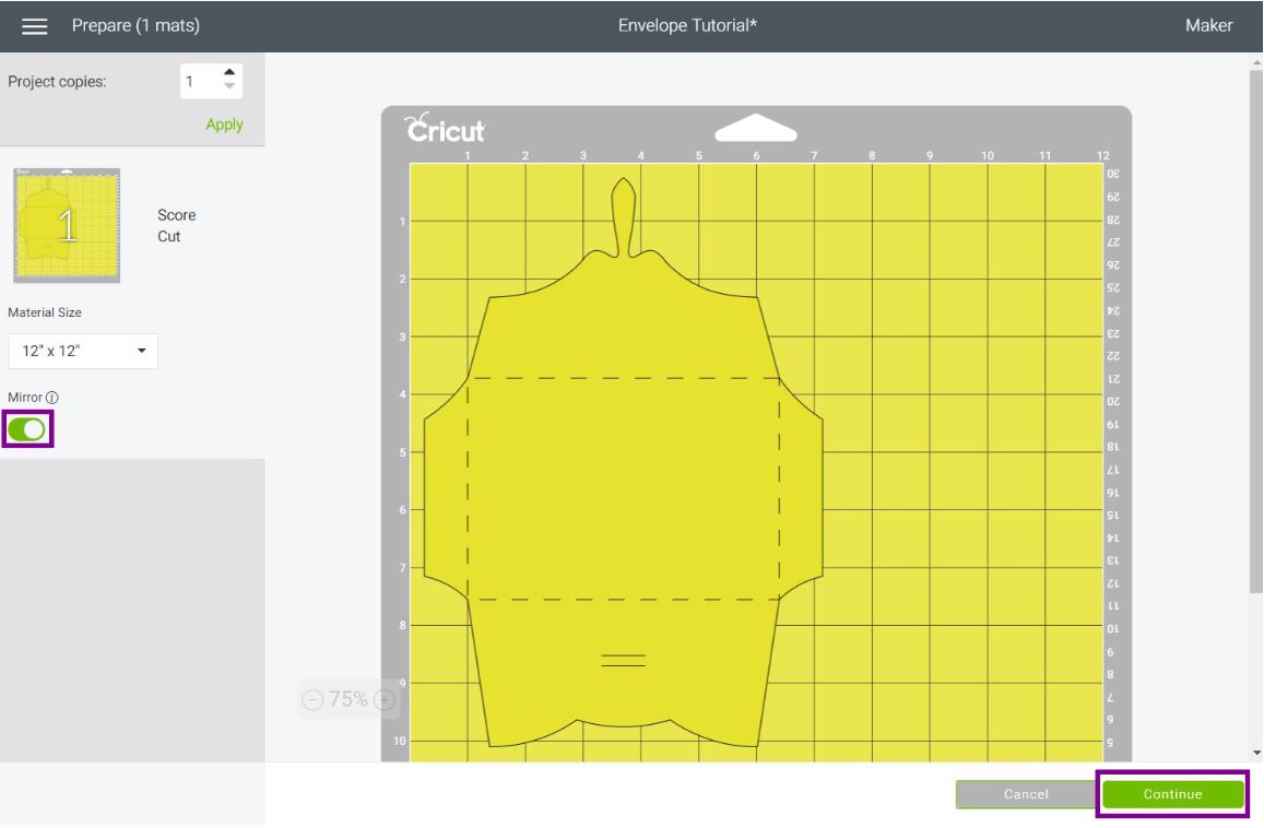 mat preview of envelope in Cricut Design Space