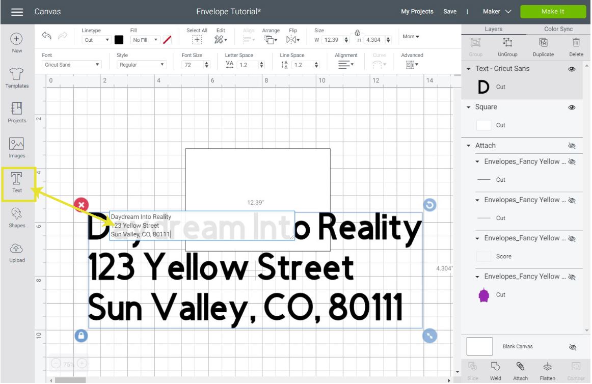 adding text for envelope in Cricut Design Space
