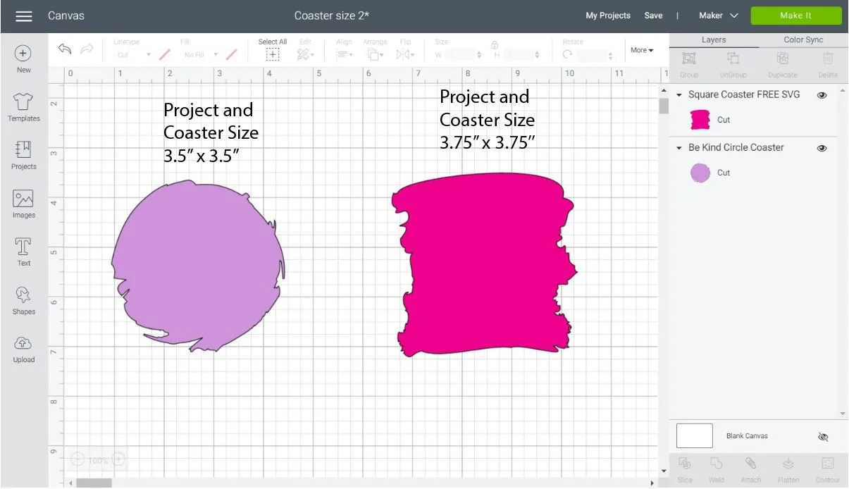 coaster size in cricut design space