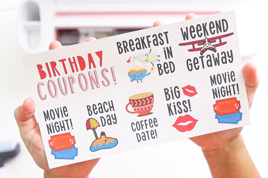 Birthday coupons page - cricut print then cut and perforation blade project.