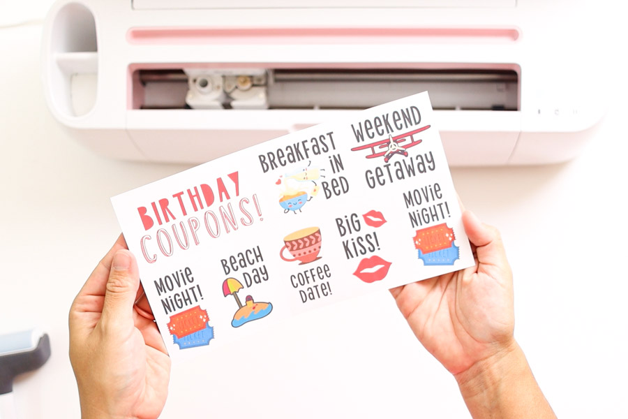 birthday coupons made with Cricut perforation blade and print then cut