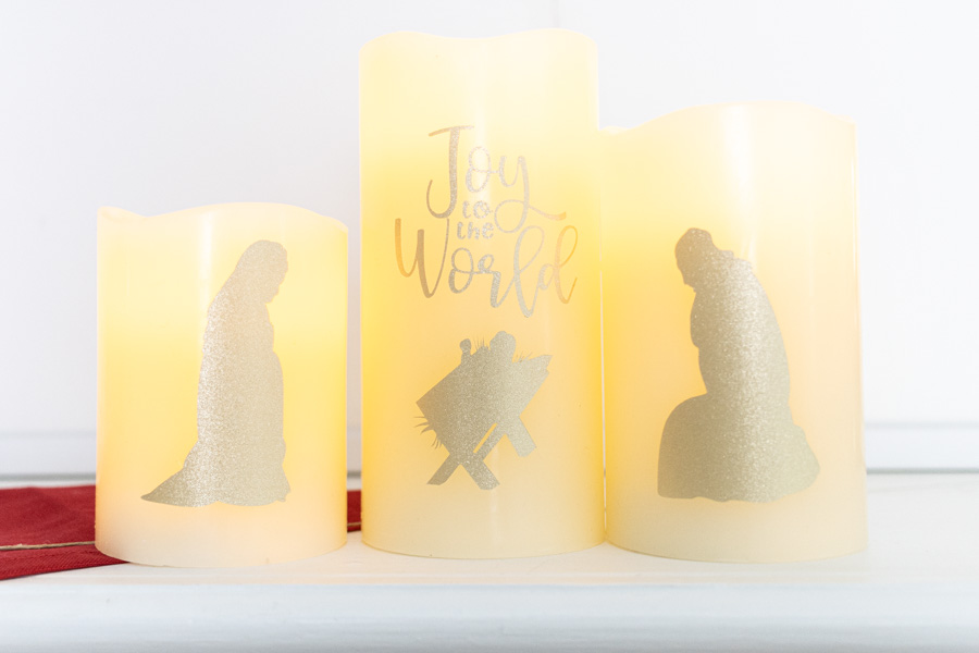 Joy to the world manger candles made with Cricut