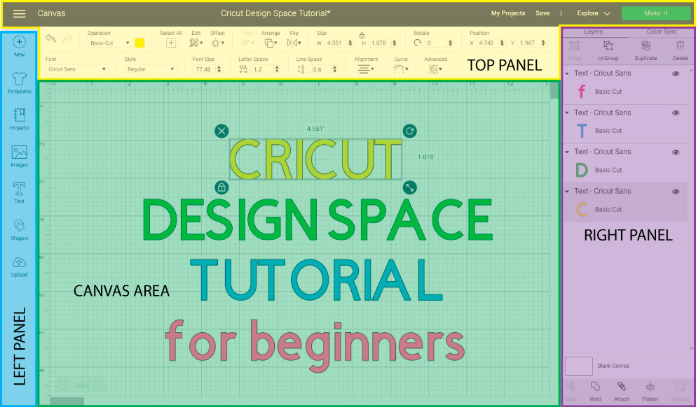 Cricut Design Space divided in 4 colors