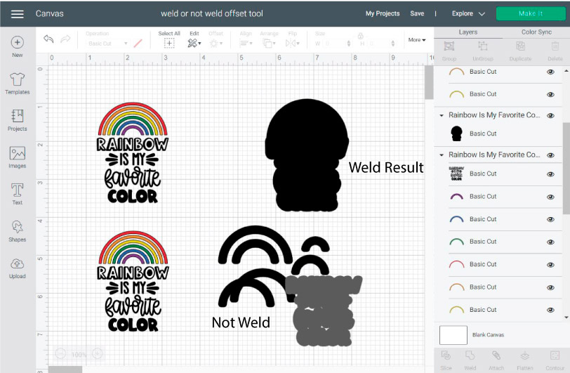 weld offsets vs not weld offsets in Cricut Design Space.