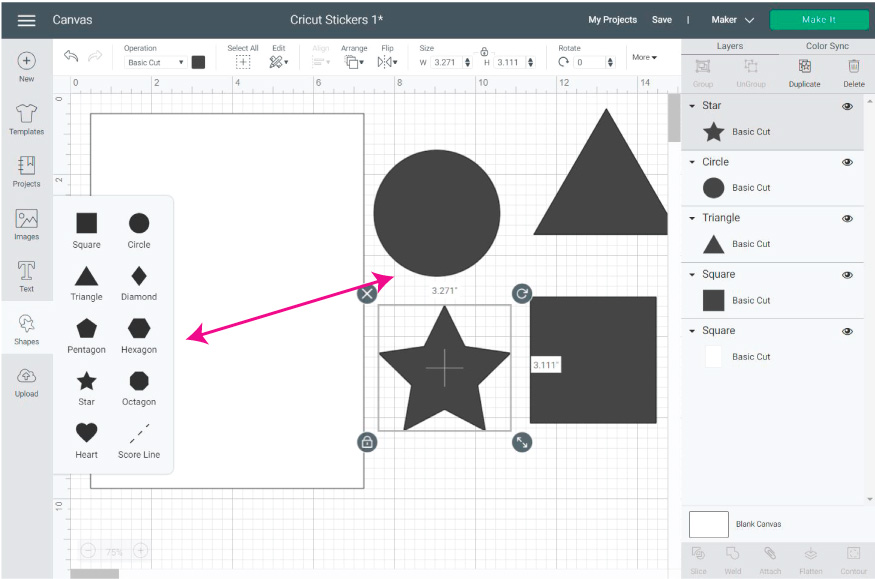 Cricut Design Space Screenshot: Add the shapes you want to use for making the stickers.