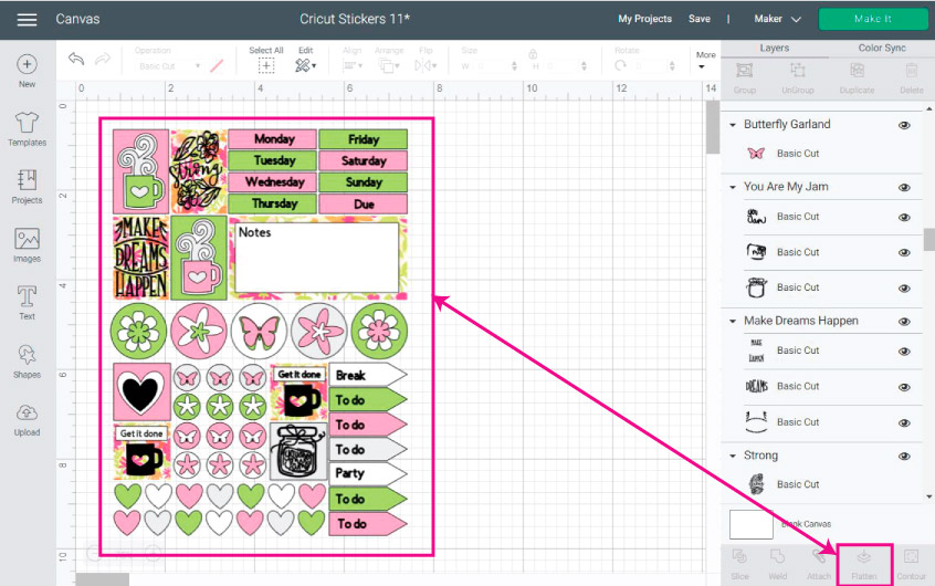 Cricut Design Space Screenshot:  Flatten all elements before cutting the stickers