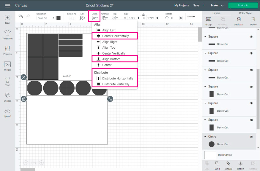 Cricut Design Space Screenshot:  align stickers so they are in order