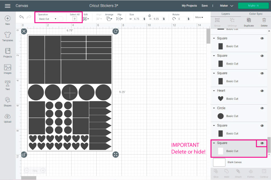 Cricut Design Space Screenshot: Complete sticker page with all of the shapes and delete guideline