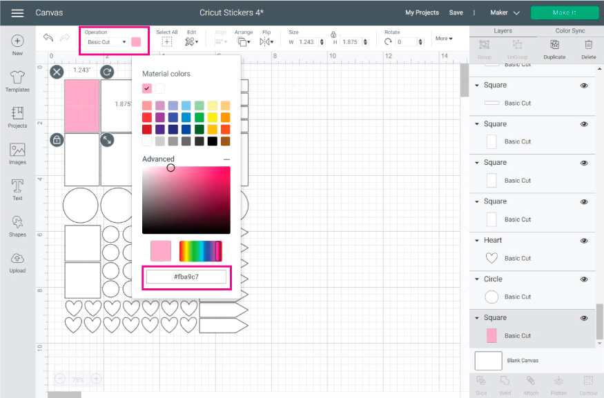 Cricut Design Space Screenshot: add colors to your stickers
