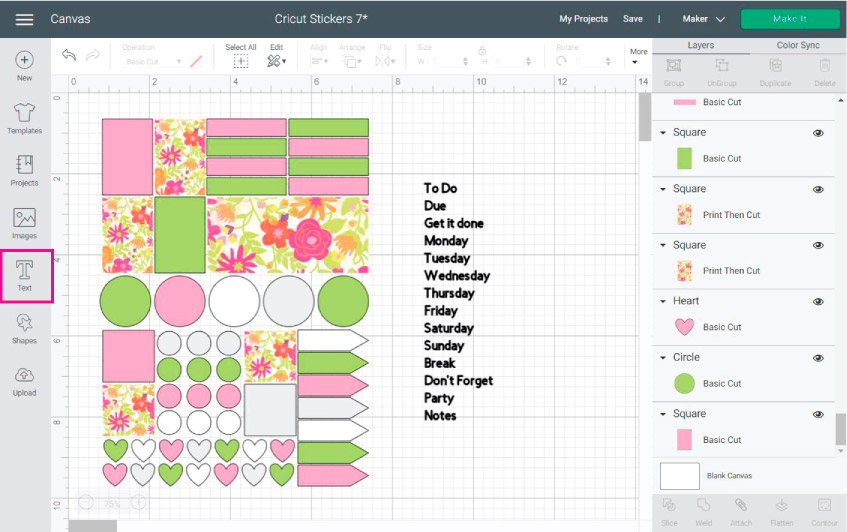 Cricut Design Space Screenshot: add text to your stickers