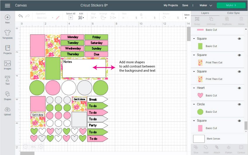Cricut Design Space Screenshot: place text on your stickers and add mores shapes for contrast