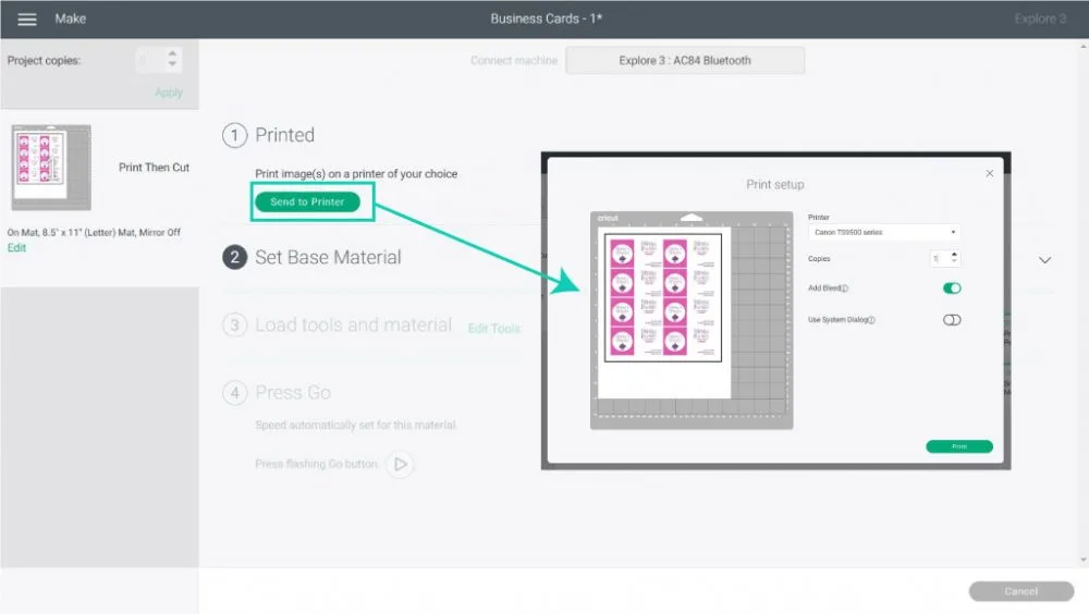 print then cut settings for business cards.