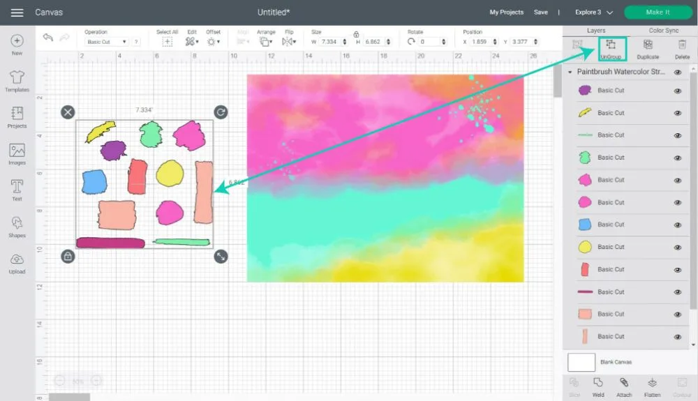 ungroup watercolor stroke in cricut design space