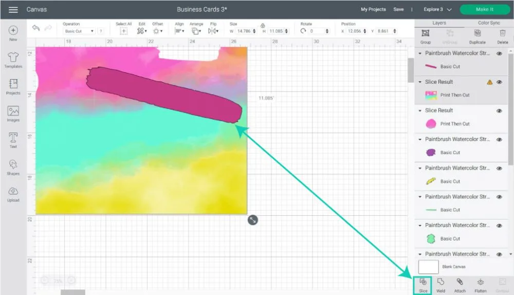 slice watercolor stroke in cricut design space