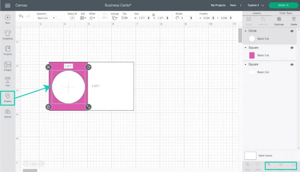 adding circle shape to business card in cricut design space