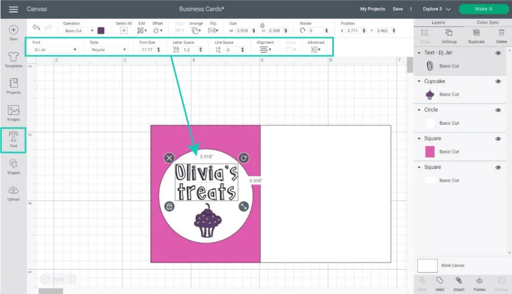 adding text to business card in cricut design space