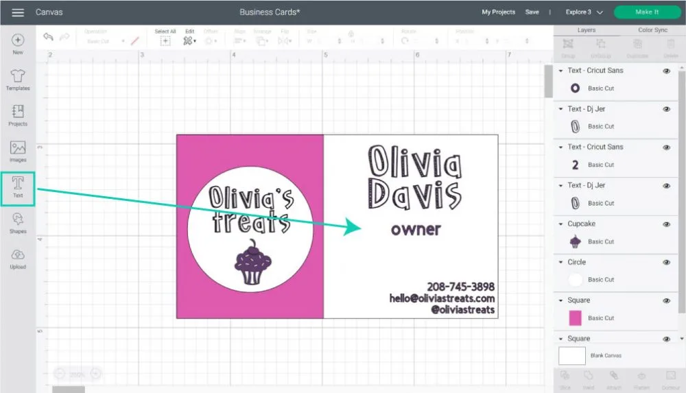adding contact information to business card in cricut design space
