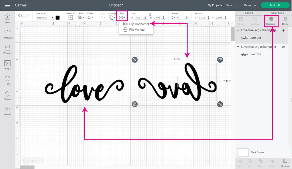 Duplicate, Flip Design Horizontally in Design Space