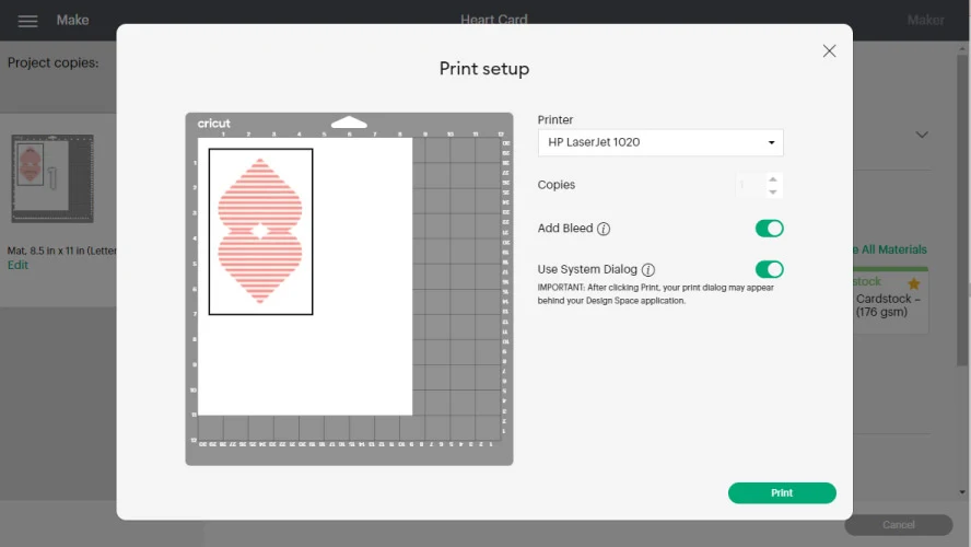 Screenshot of choosing your printer and other settings.