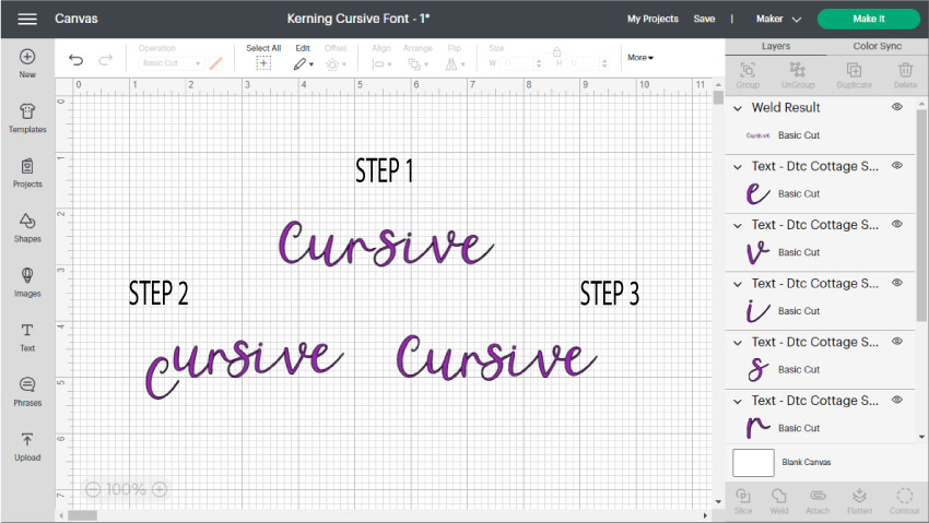 fixing cursive font in cricut design space