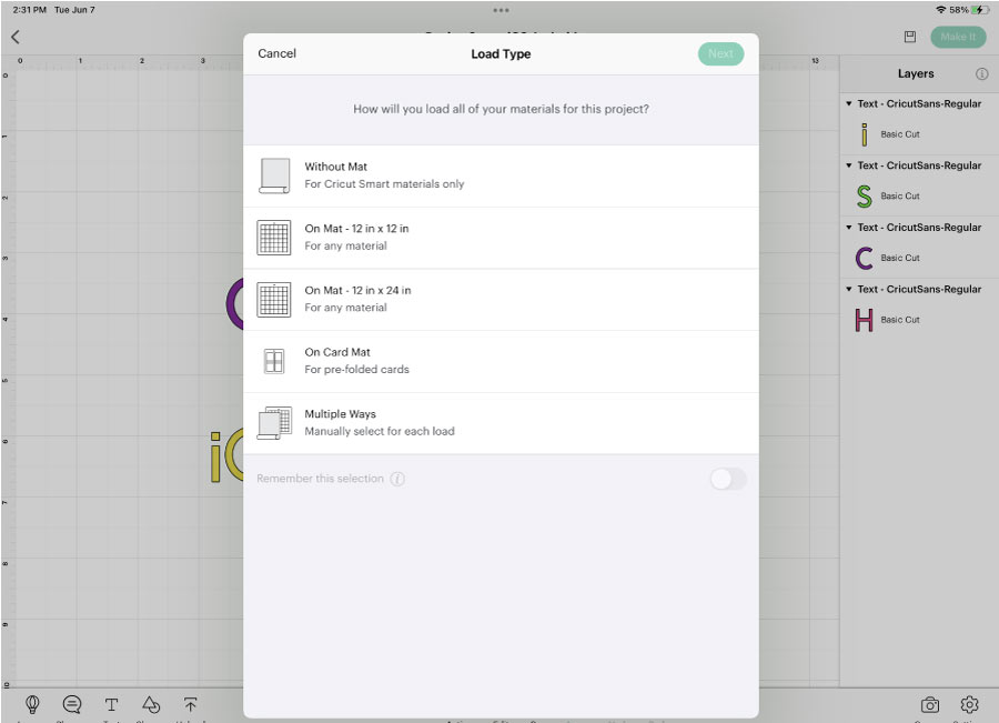 load type for materials in design space